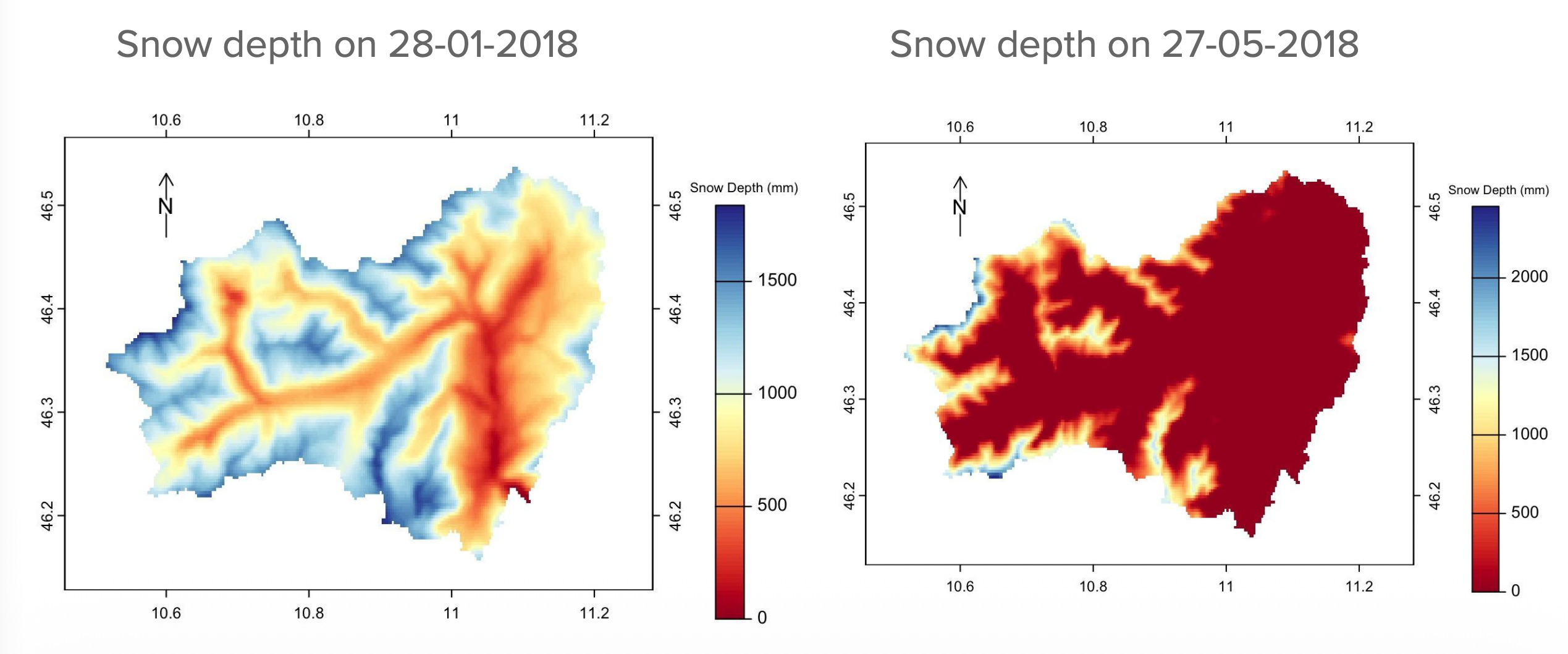 Spatial snow depth maps from the Non Valley — January vs May